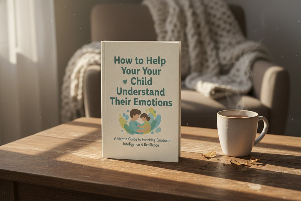 Digital guide cover titled “How to Help Your Child Understand Their Emotions” displayed on a white tablet over a soft beige background. Minimalist and calming design.
